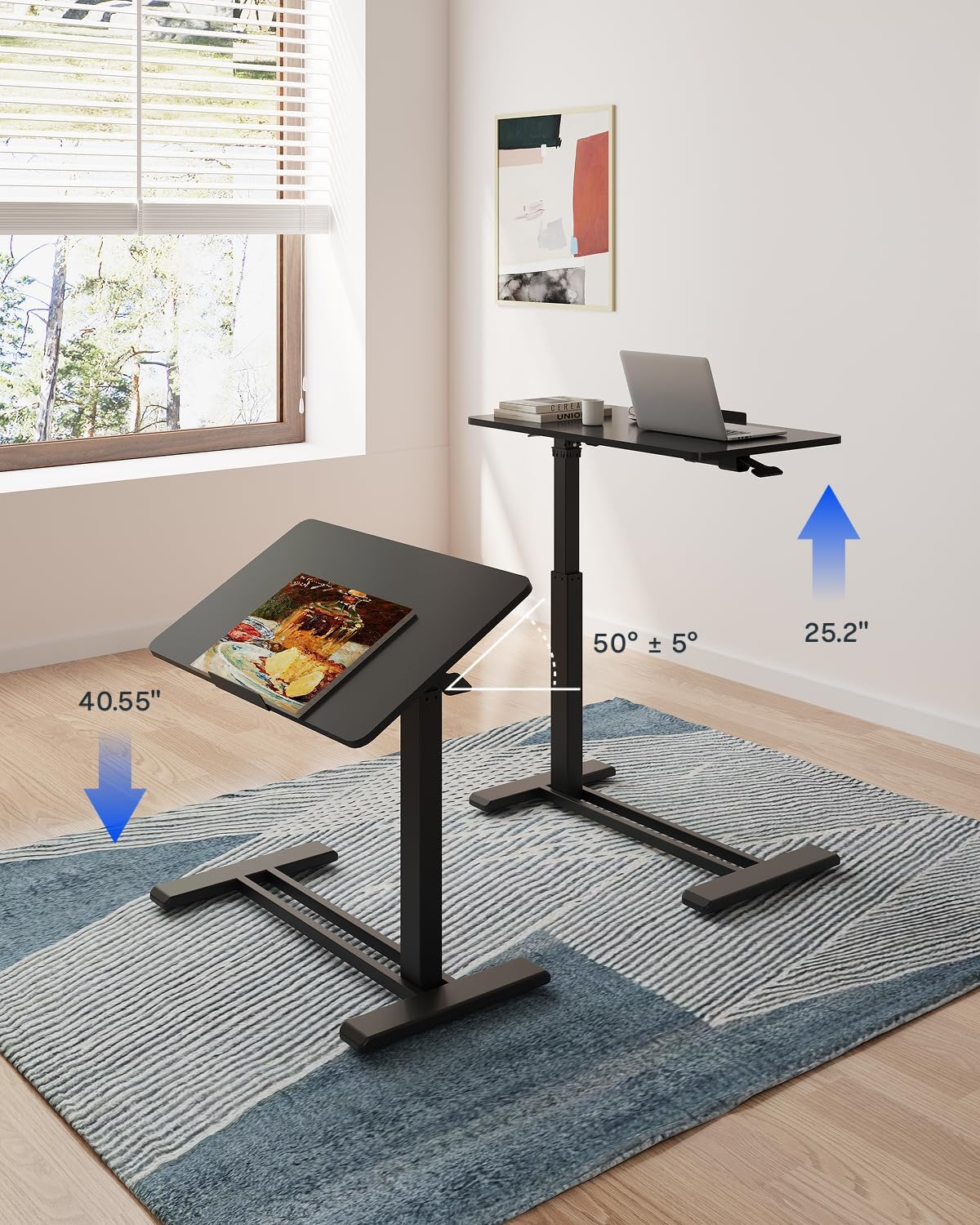 FLEXISPOT H7 PRO Mobile Standing Desk Adjustable Overbed Table Pneumatic with Wheels 55°Tiltable Portable Laptop Desk Rolling Computer Cart Foldable Bedside Table(27.6' W x 15.7' D, Black)