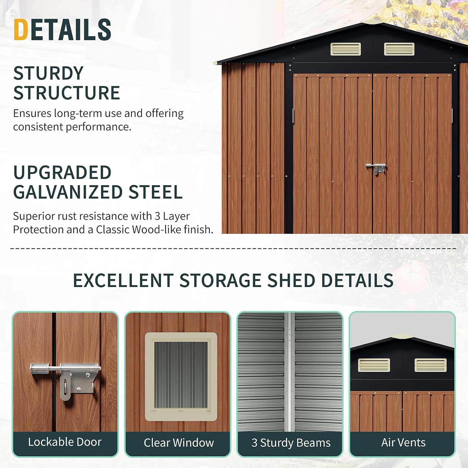 Florise Storage Shed, Large Outdoor Shed with Window, Lockable Doors, Outside Metal Steel Shed for Garden, Backyard, Lawn, Patio Utility, Tool Storage (8x10 FT)