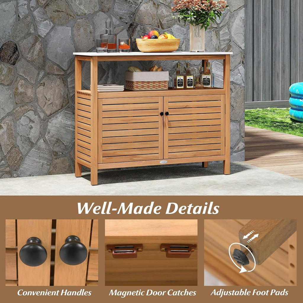 Goplus Patio Storage Cabinet, Outdoor Acacia Wood Buffet Cabinet with Marble-Like Countertop, Open Shelf & 2 Doors, Sideboard Organizer for Outdoor Kitchen, Garden, Backyard