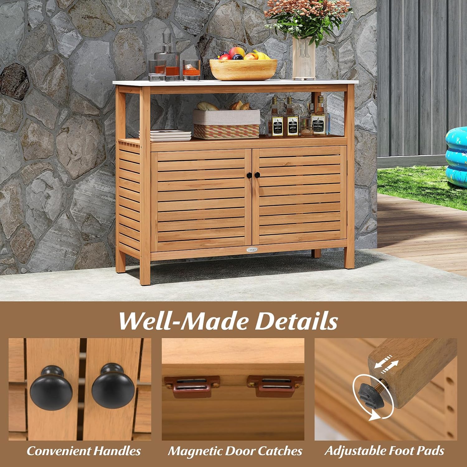 Goplus Patio Storage Cabinet, Outdoor Acacia Wood Buffet Cabinet with Marble-Like Countertop, Open Shelf & 2 Doors, Sideboard Organizer for Outdoor Kitchen, Garden, Backyard