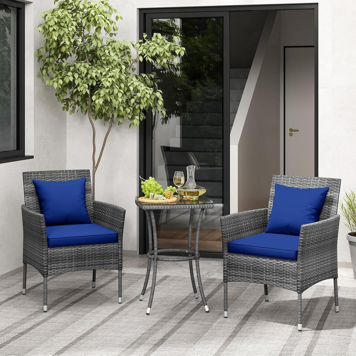RELAX4LIFE 3-Piece Patio Furniture Set - Rattan Wicker Outdoor Furniture w/Cushions & Tempered Glass Coffee Table, Small Conversation Bistro Table and Chairs Set of 2 for Garden Porch Balcony (Navy)