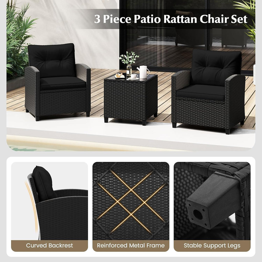 Tangkula 3 Piece Patio Furniture Set, Rattan Conversation Set w/Soft Seat & Back Cushions, Tempered Glass Topped Coffee Table, Cushioned Wicker Seating Set for Backyard, Porch, Poolside (Black)