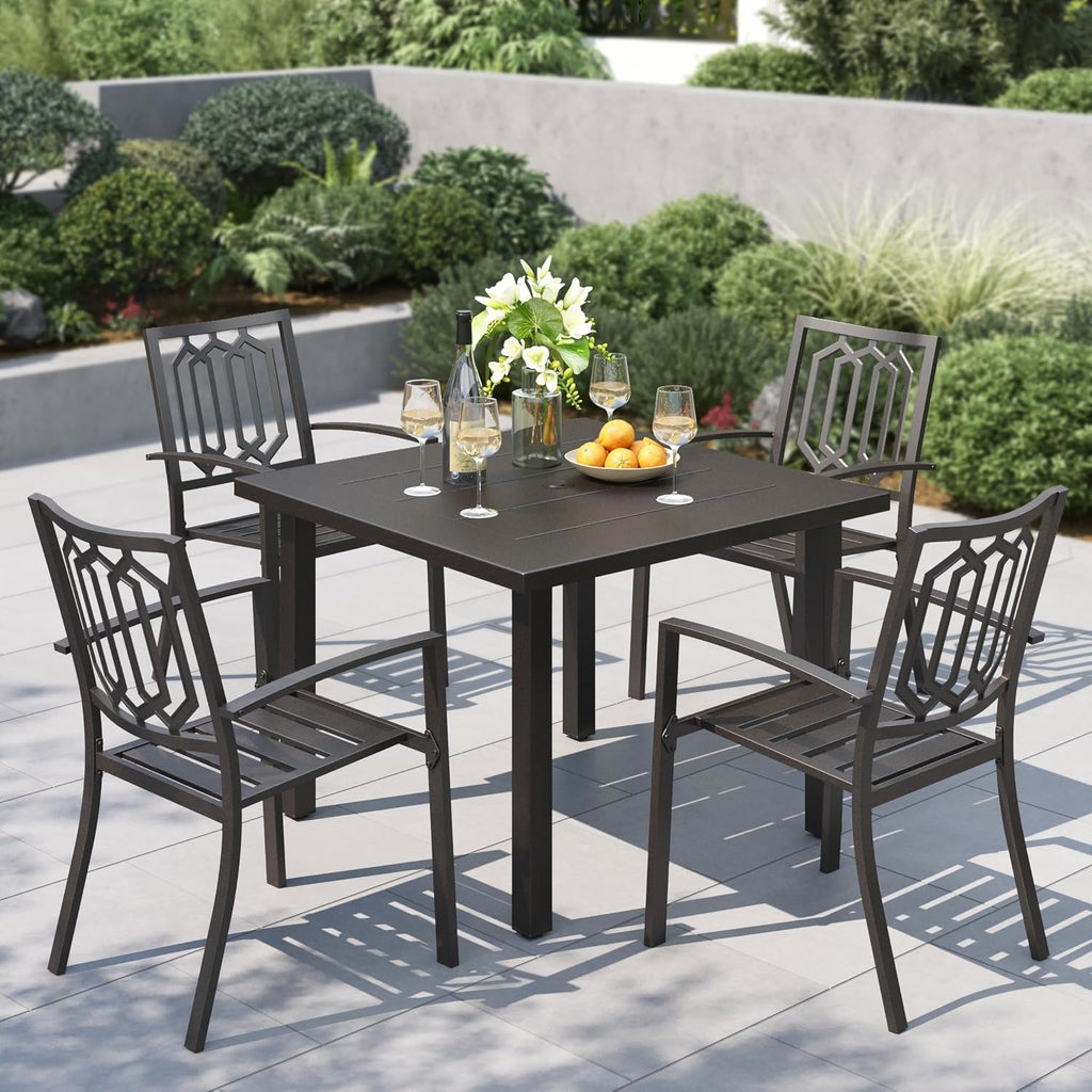 PHI VILLA 5 Piece Metal Outdoor Table and Chairs, 34.2' Metal Square Table with Umbrella Hole & Stackable Wrought Iron Chairs, All Weather Large Furniture Set for Patio, Deck, Backyard, Porch - Black