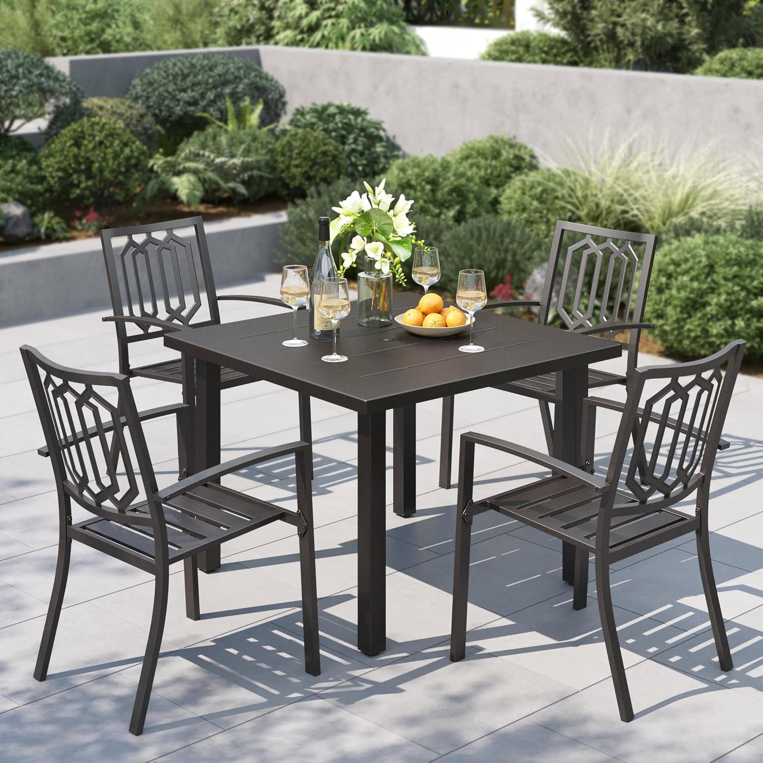 PHI VILLA 5 Piece Metal Outdoor Table and Chairs, 34.2' Metal Square Table with Umbrella Hole & Stackable Wrought Iron Chairs, All Weather Large Furniture Set for Patio, Deck, Backyard, Porch - Black