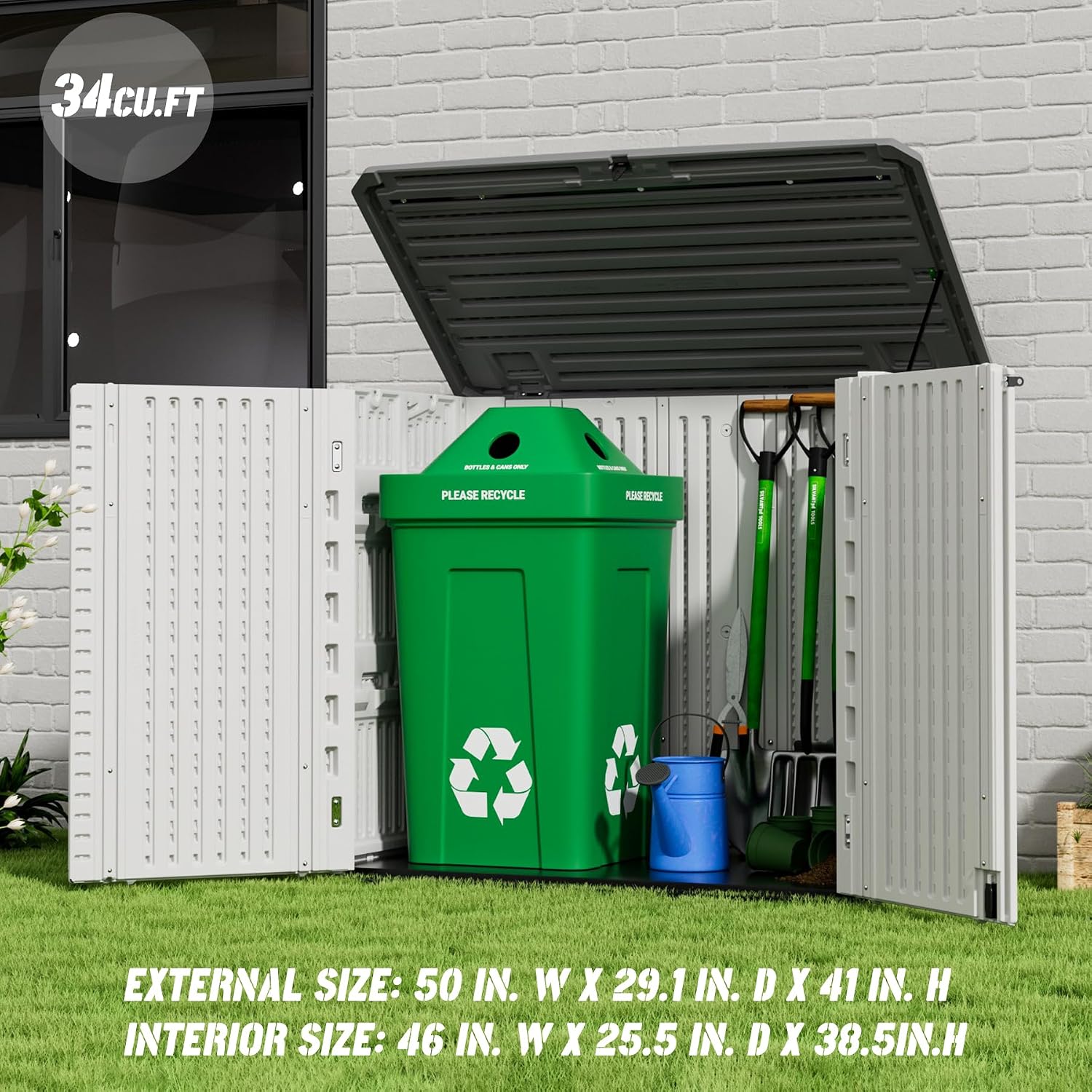Mrosaa Outdoor Patio Storage Shed,Waterproof Horizontal Outdoor Storage Cabinet for Garbage Cans,Tools and Lawnmower Lockable(34 Cu.ft-Warm-White)
