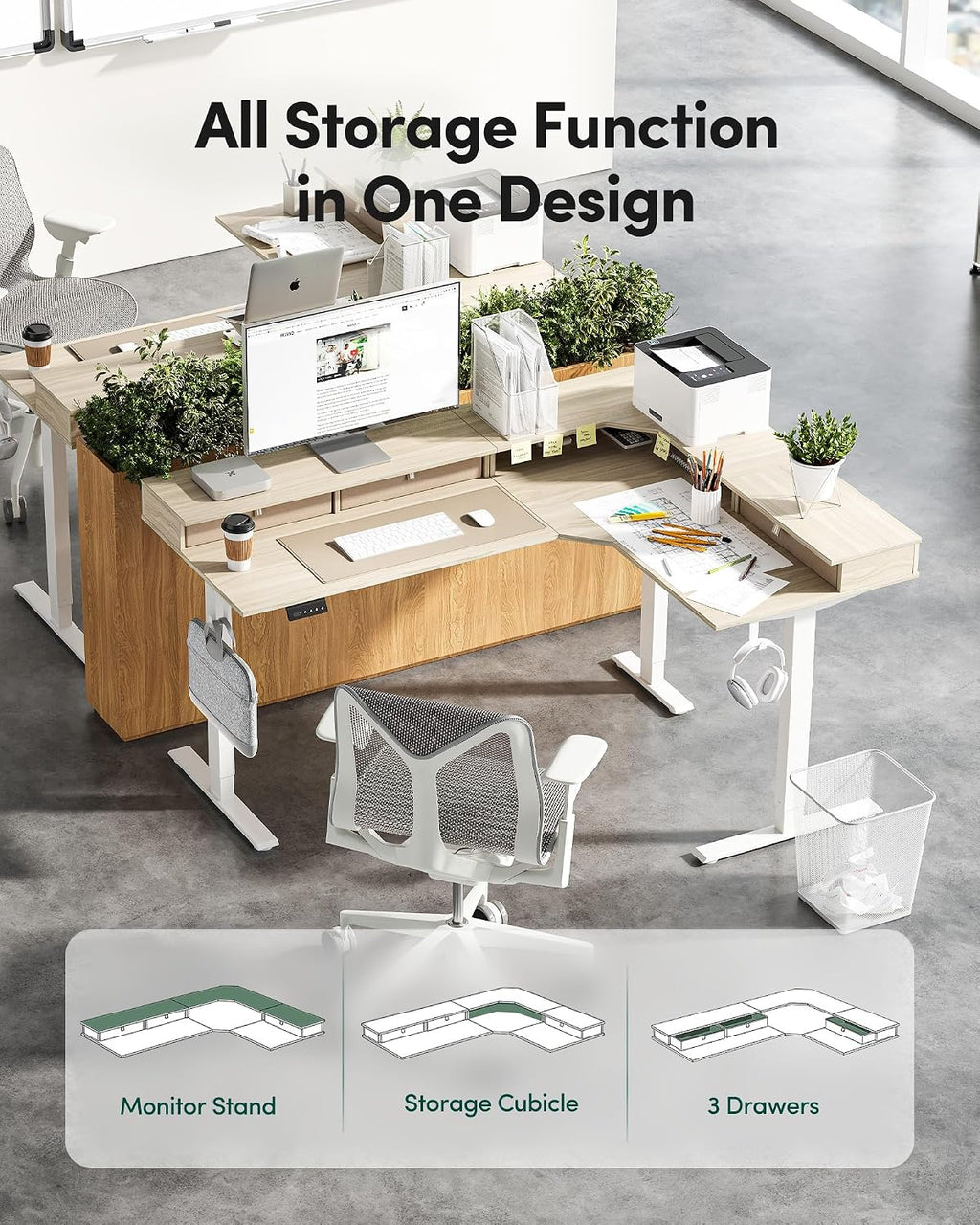 FEZIBO L Shaped Electric Standing Desk, 63 x 48inch Large with Drawers | Reversible Tabletop, 2 Memory Height Settings | Home Office & Gaming Height-Adjustable Table, Light Walnut （2 Packages）