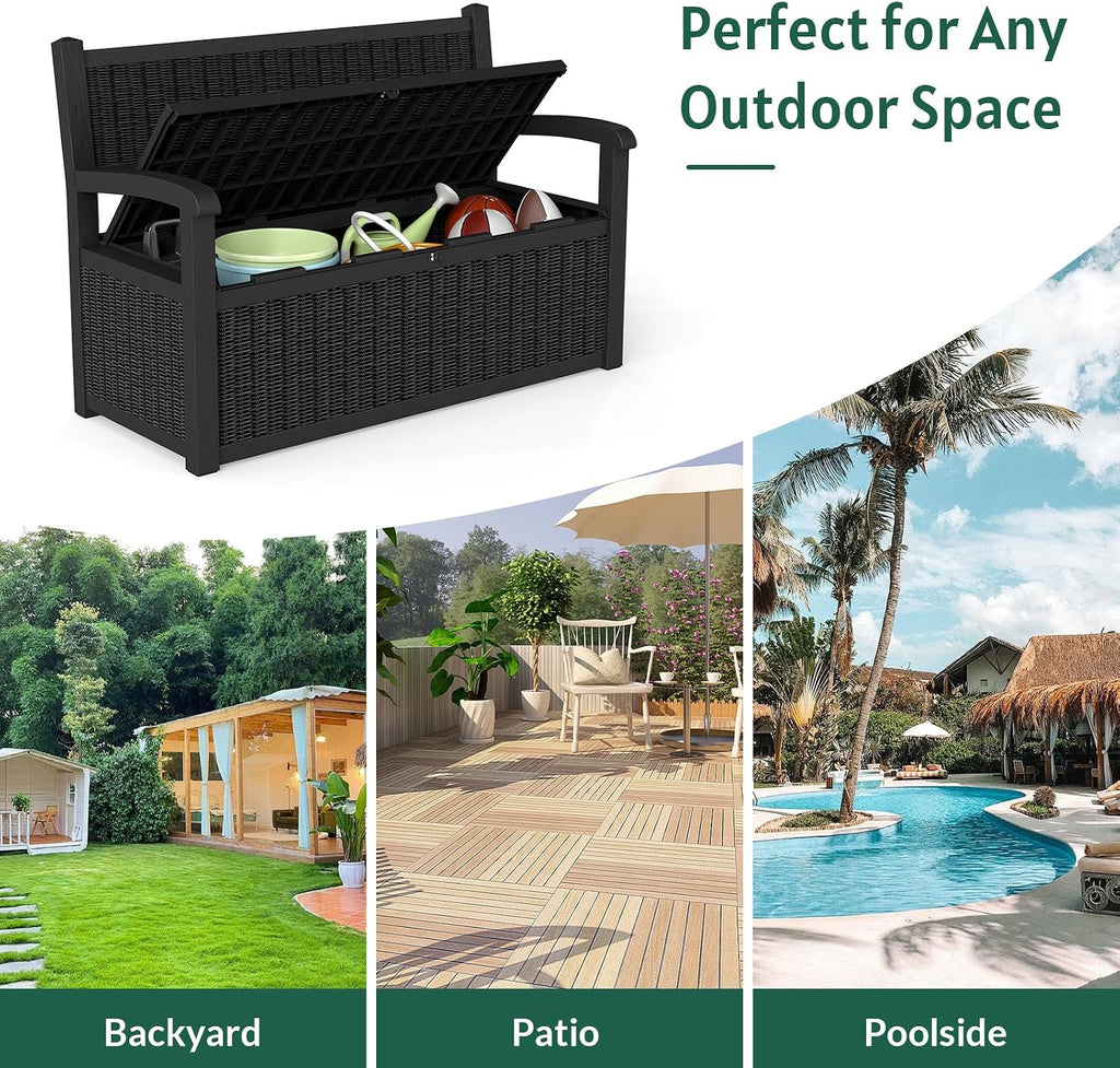 Skepphlay 70 Gallon Outdoor Storage Bench, Deck Box Bench with Armrest, Lockable Outside Benches with Storage, Deck Boxes Waterproof for Pool Patio Garden (Black)