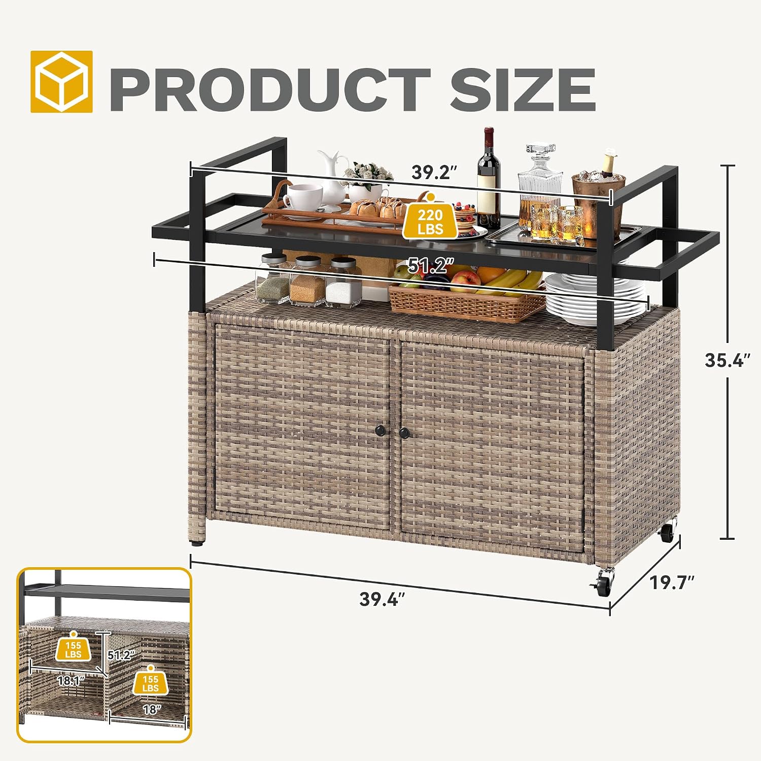 DWVO XL Outdoor Storage Cabinet,Patio Storage Table with Glass Top, Bar Table with Wheels,Outdoor Bar Cart for Patio, Poolside and Backyard,Light Brown