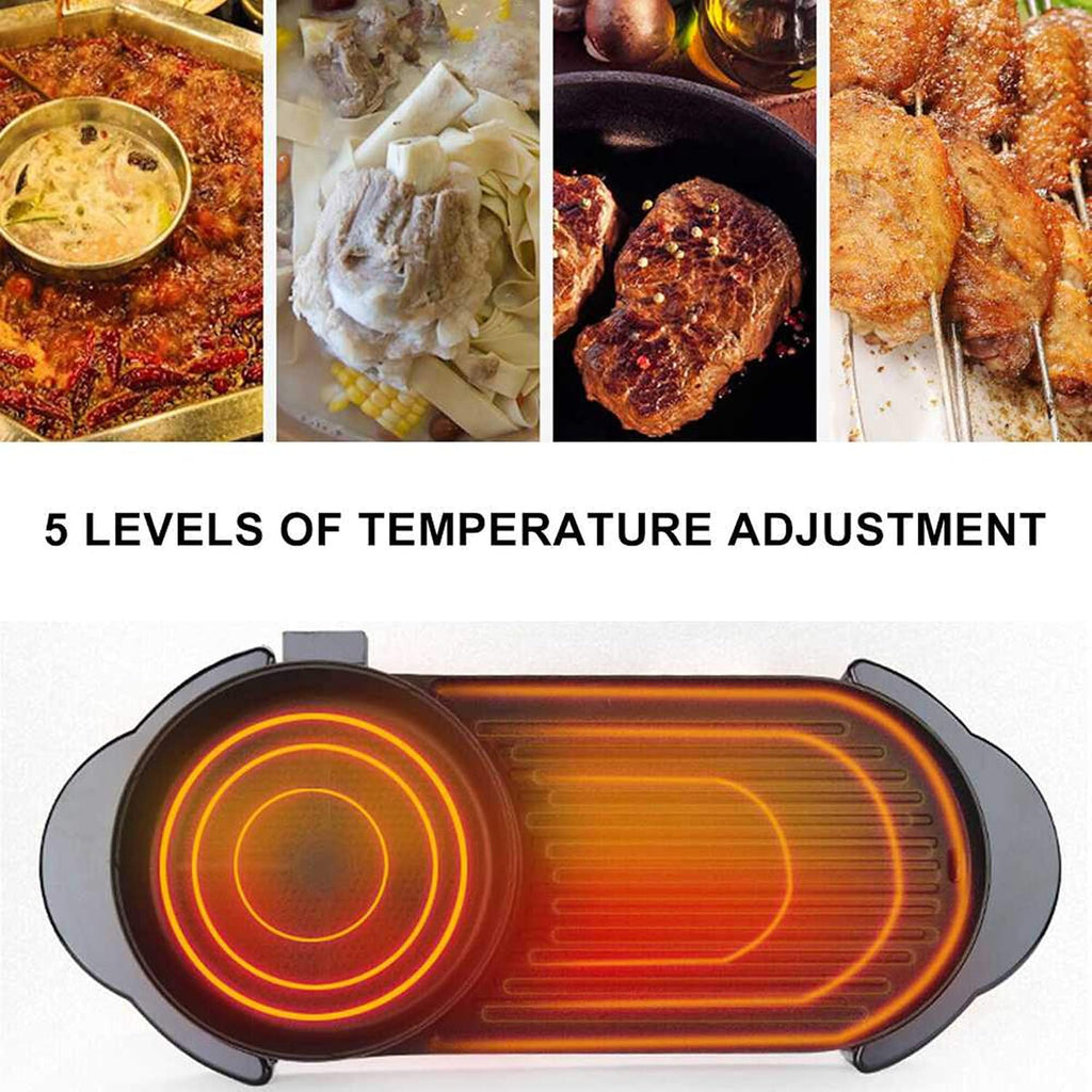 Electric 2 in 1 Grill Indoor Hot Pot Multifunctional Teppanyaki Grill/Shabu Shabu Pot Smokeless with 5 Level Temperature for Family Gathering, Party Indoor/Outdoor.