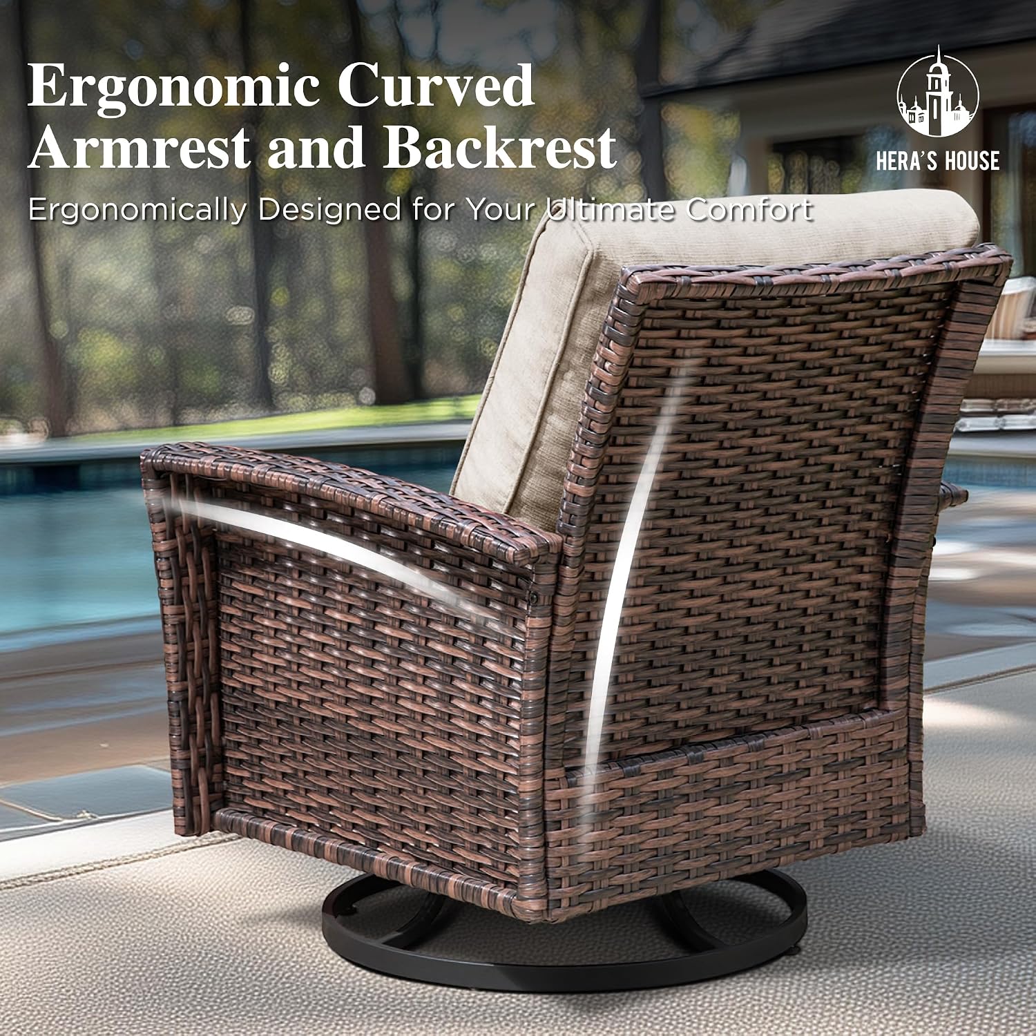 HERA'S HOUSE Outdoor Furniture, 2 x High Back Swivel Patio Chairs with 5.5' Cushions Wicker Rattan Deck Balcony Porch Furniture, Beige