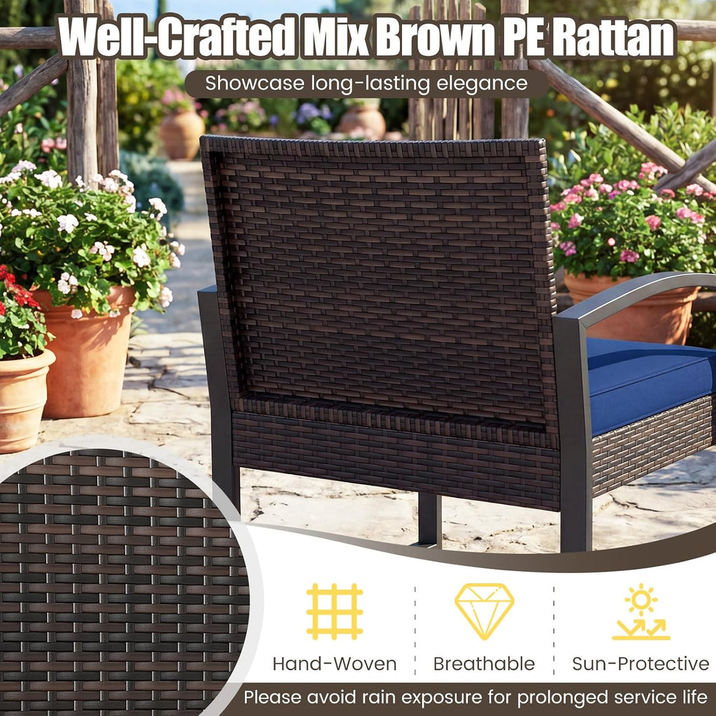 Tangkula 5 Pieces Wicker Patio Conversation Set, Outdoor PE Rattan Chair with Ottoman Set with Glass Side Table, 2-Person Small Balcony Furniture Seating Set with Cushions for Porch, Backyard, Deck