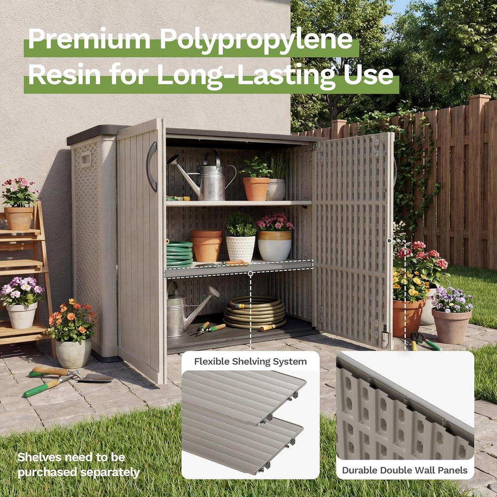 Patiowell 26 cu.ft Plastic Outdoor Storage Shed, Lockable Waterproof Resin Outdoor Storage Cabinet Tool Shed for Garden Tools, Garbage Cans, Pool Supplies, Beige(Not Include Shelves)