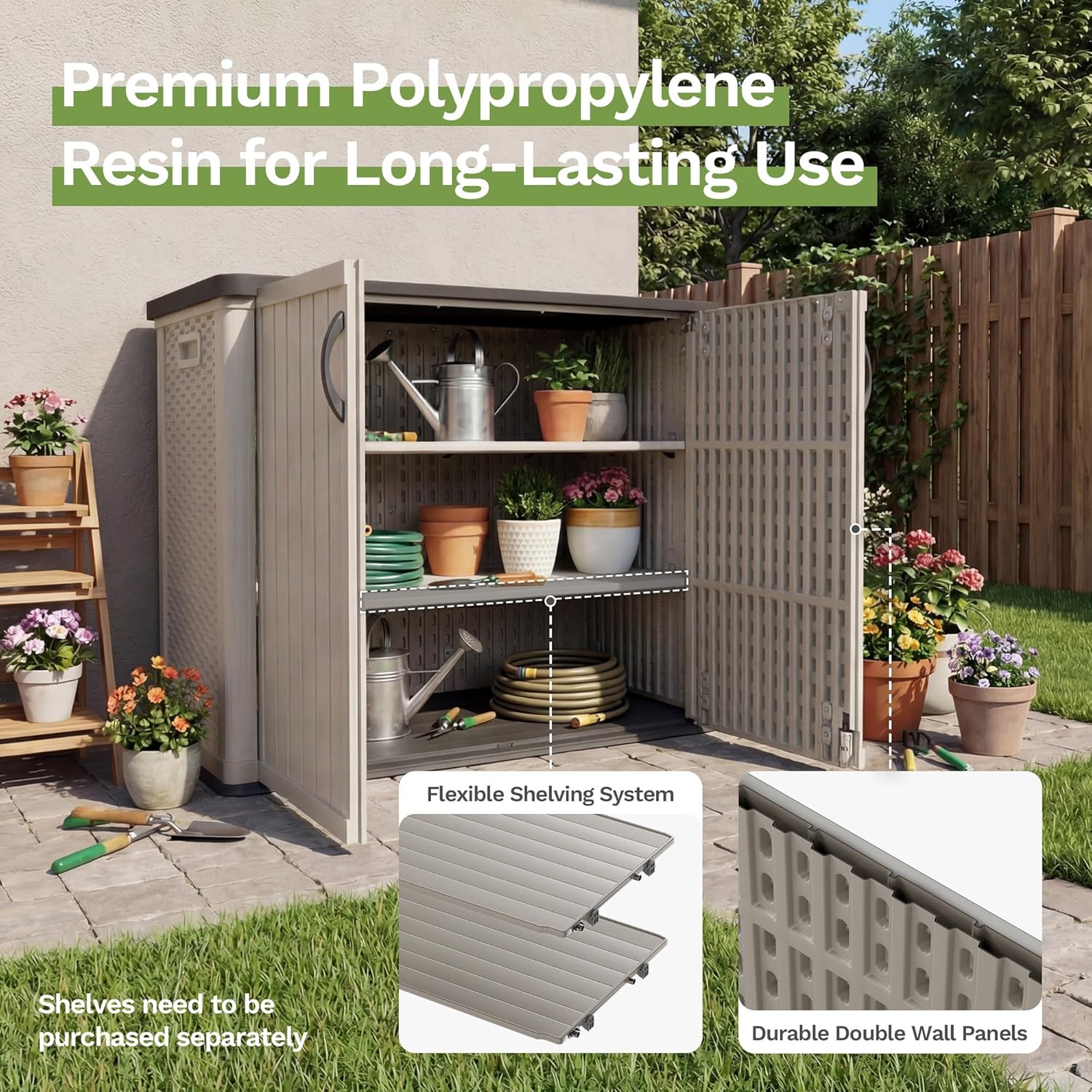 Patiowell 26 cu.ft Plastic Outdoor Storage Shed, Lockable Waterproof Resin Outdoor Storage Cabinet Tool Shed for Garden Tools, Garbage Cans, Pool Supplies, Beige(Not Include Shelves)
