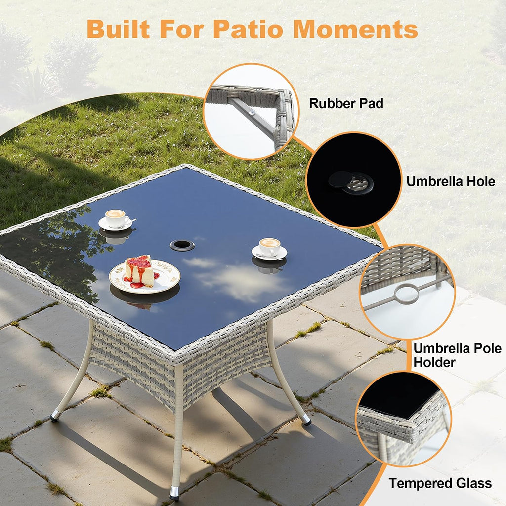 15-Piece Patio Dining Set, Patio Furniture Set with Square Tempered Glass Table & 12 Wicker Chairs, Expandable Design for Larger Groups, Outdoor Furniture for Backyard, Deck, Garden, Dark Grey