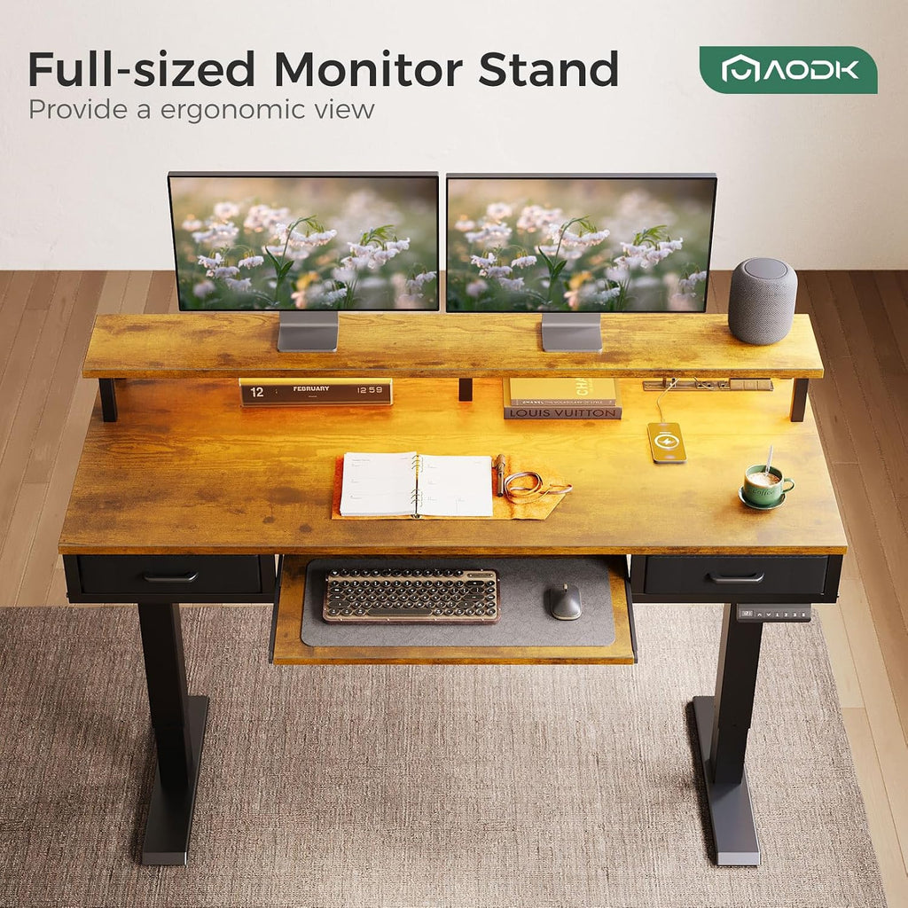 AODK Electric Standing Desk with Drawers & Keyboard Tray, 55 Inch Height Adjustable Gaming Desk with Power Outlets & LED Lights, Sit Stand Table with Monitor Stand for Home, Office, Rustic Brown