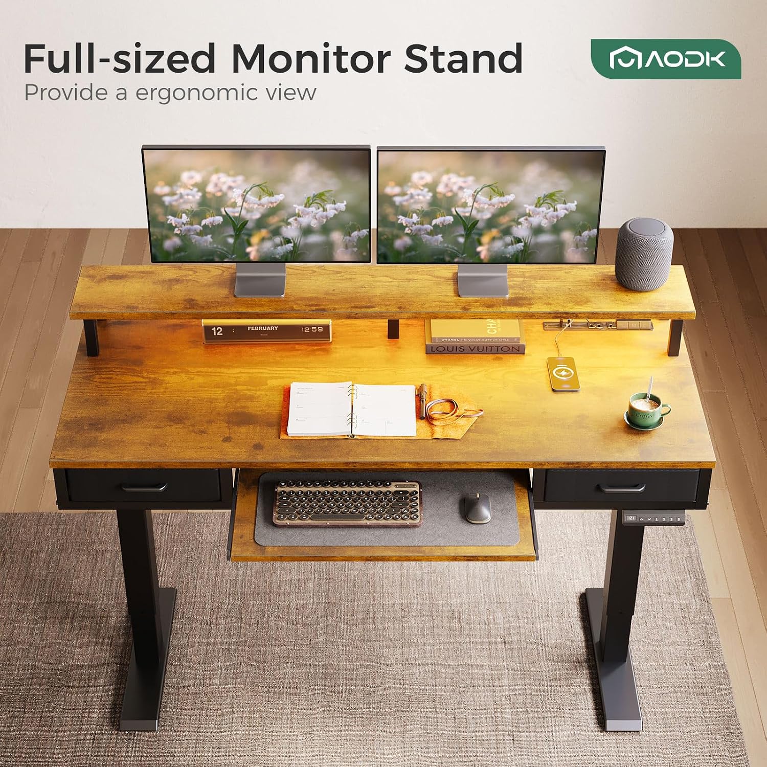 AODK Electric Standing Desk with Drawers & Keyboard Tray, 55 Inch Height Adjustable Gaming Desk with Power Outlets & LED Lights, Sit Stand Table with Monitor Stand for Home, Office, Rustic Brown