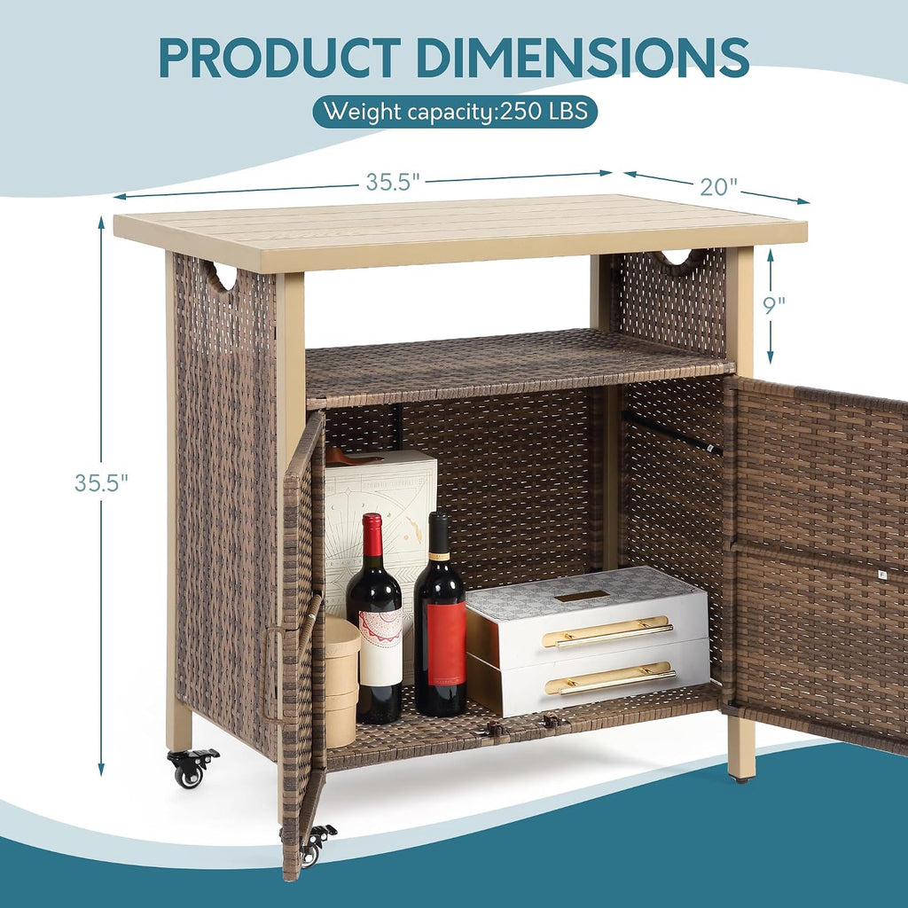 Outdoor Indoor Storage Cabinet with Rolling Wheels, Patio Serving Cart with Bar Table and Wicker Cabinet, Kitchen Island Prep Table, Beige