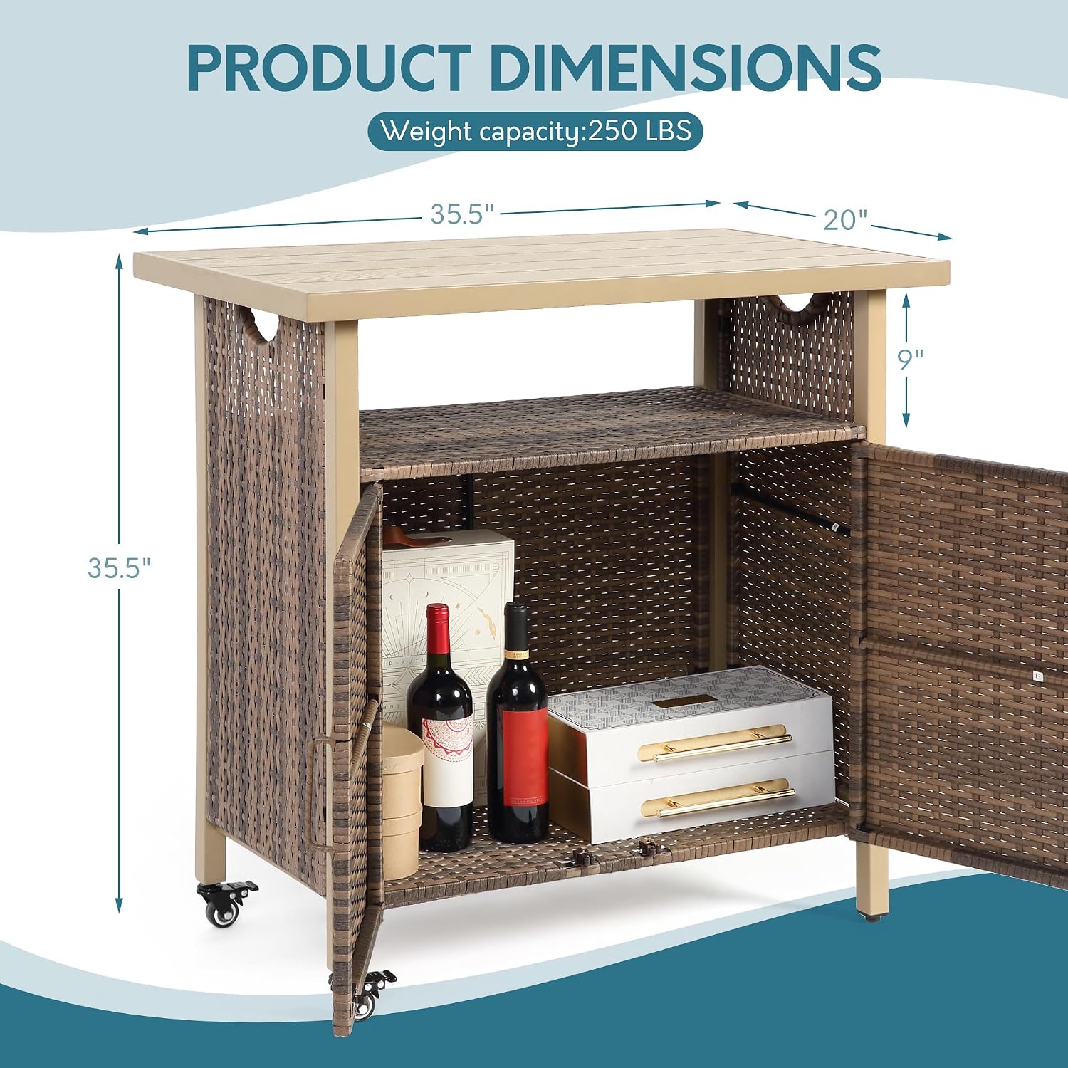 Outdoor Indoor Storage Cabinet with Rolling Wheels, Patio Serving Cart with Bar Table and Wicker Cabinet, Kitchen Island Prep Table, Beige