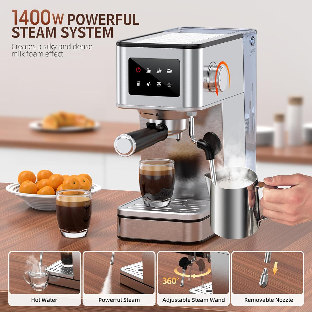 Espresso Machine with Milk Frother, 20 Bar Compact Coffee Machine with Touch Screen & 57.5oz Removable Water Tank for Home, Stainless Steel Espresso Maker for Cappuccino, Latte, Silver