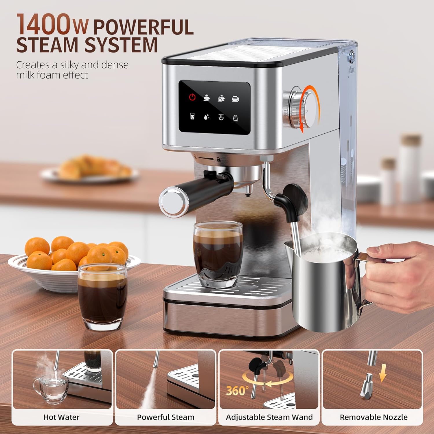 Espresso Machine with Milk Frother, 20 Bar Compact Coffee Machine with Touch Screen & 57.5oz Removable Water Tank for Home, Stainless Steel Espresso Maker for Cappuccino, Latte, Silver