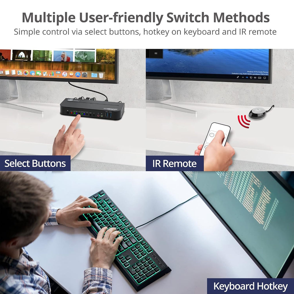 SIIG 2-Port 4K KVM Switch DisplayPort with Remote Control, DP or HDMI Output, 2X USB 3.2 Type-A Ports, Support DisplayPort 1.4/1.2, EDID Bypass, Compatible with Windows and Mac (CE-KV0C11-S1)
