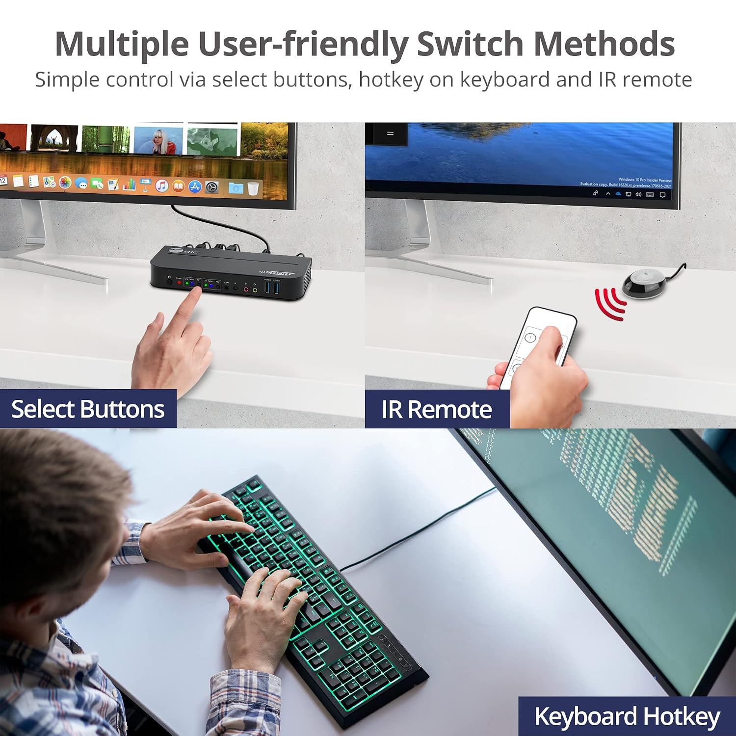 SIIG 2-Port 4K KVM Switch DisplayPort with Remote Control, DP or HDMI Output, 2X USB 3.2 Type-A Ports, Support DisplayPort 1.4/1.2, EDID Bypass, Compatible with Windows and Mac (CE-KV0C11-S1)