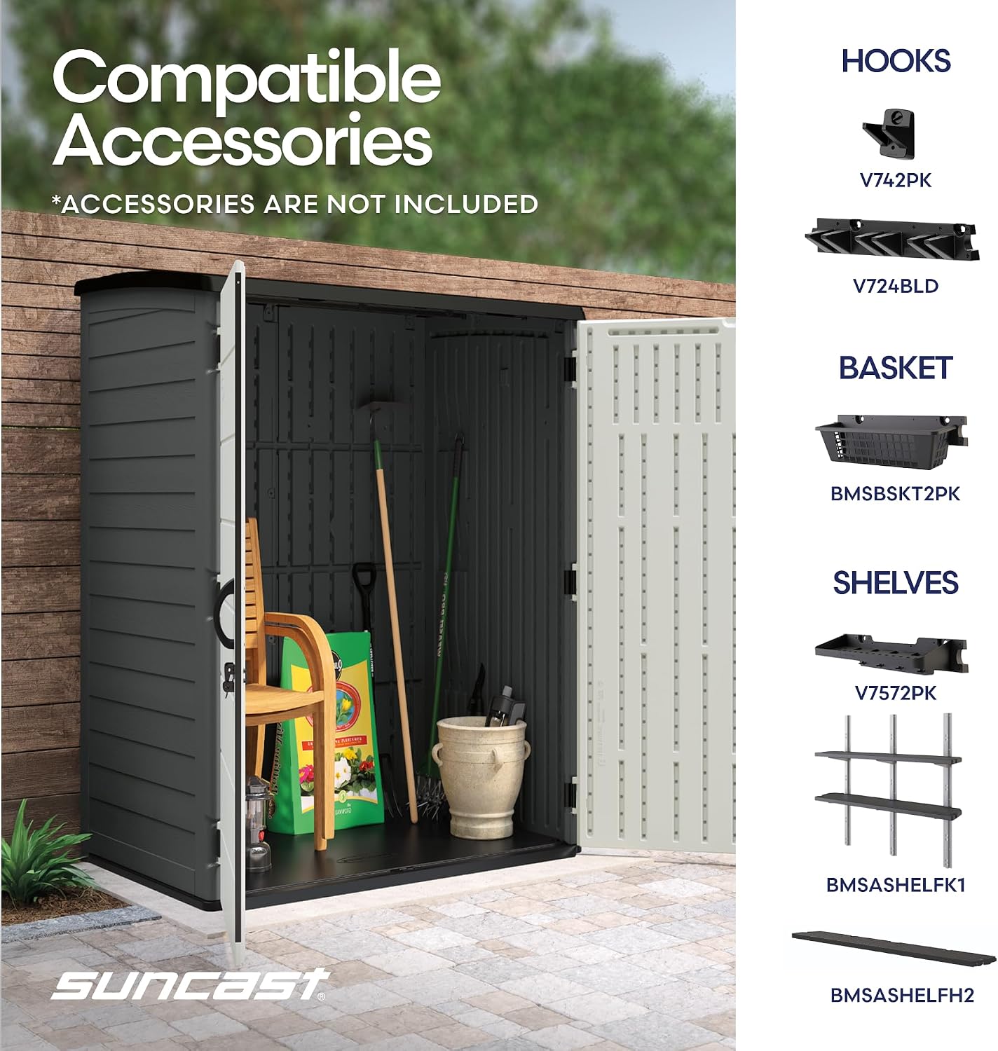 Suncast 106 Cu Ft Extra Large Vertical Outdoor Storage Shed - Resin Shed & Outdoor Storage with Floor and Lockable Double Doors, Weatherproof for Garden Tools, Pool Equipment, & Patio Cushions