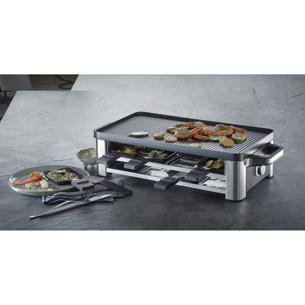 ERNITERTY WMF Lono Raclette Grill mit Pfännchen und Schiebern, Raclette 8 Personen, edelstahl matt, 1500W, White, (415040011)