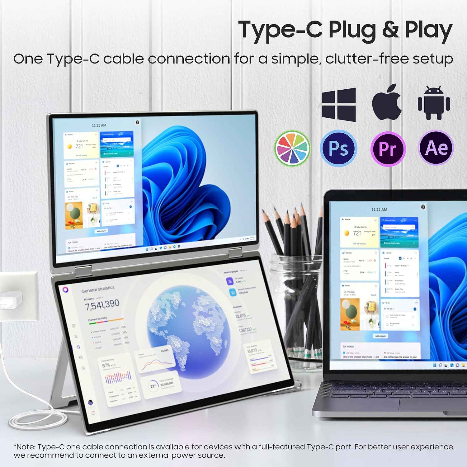 wisecoco 15.6' Dual Screen Touch Portable Monitor for Laptop Screen Extender IPS 1080P 360°Foldable Stacked Display with Kickstand HDMI USB-C for PC Laptop Windows Mac Driver-Free Flip S5+