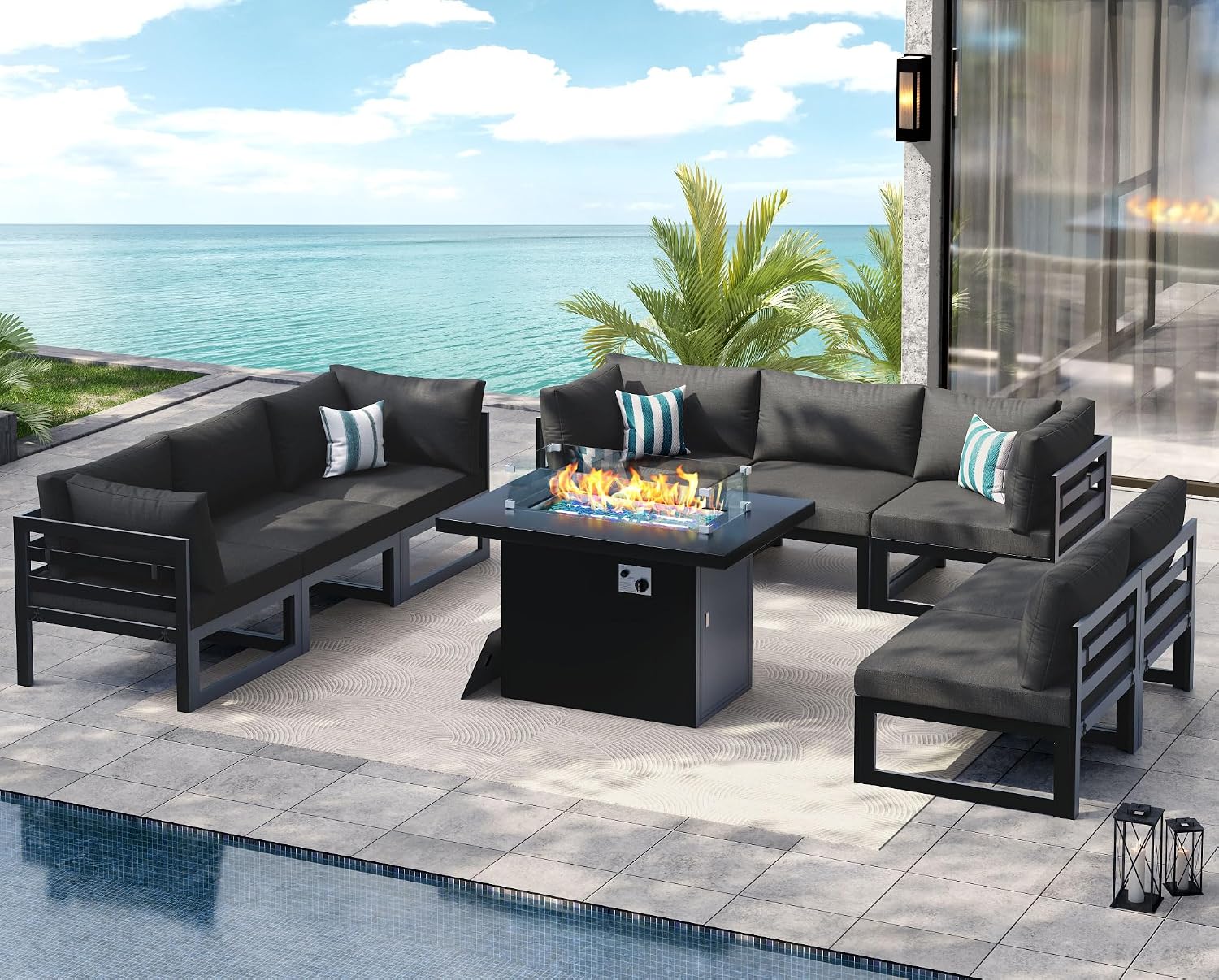 NICESOUL 9 Pcs Modern Aluminum Outdoor Patio Furniture Set with Fire Pit Table Propane/Gas, Extra Large All-Weather Modular Sectional Couch, 29' Wide Deep Seating Conversation Sofa for Deck, Dark Grey