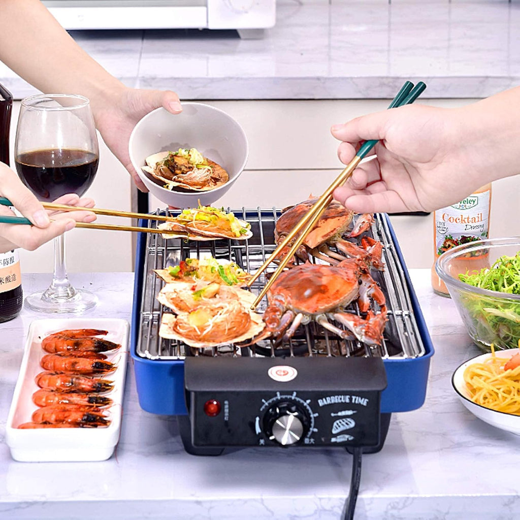 Barbecue Desk Indoor Electric Grill Smokeless Grill 1500W Electric BBQ Grill and Non-Stick Grill Plates with Temperature Control Removable Drip Tray Blue Tabletop Barbecue