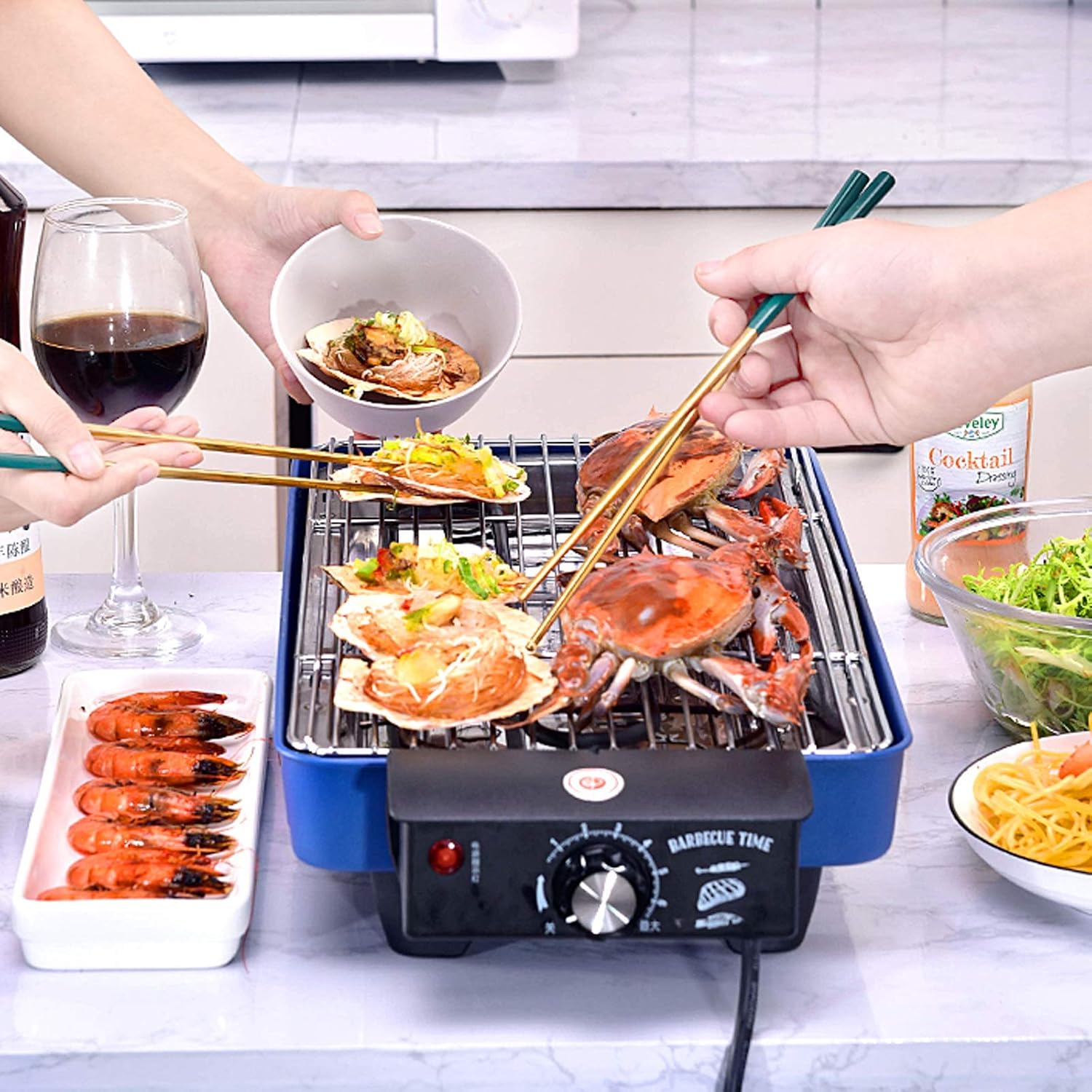 Barbecue Desk Indoor Electric Grill Smokeless Grill 1500W Electric BBQ Grill and Non-Stick Grill Plates with Temperature Control Removable Drip Tray Blue Tabletop Barbecue