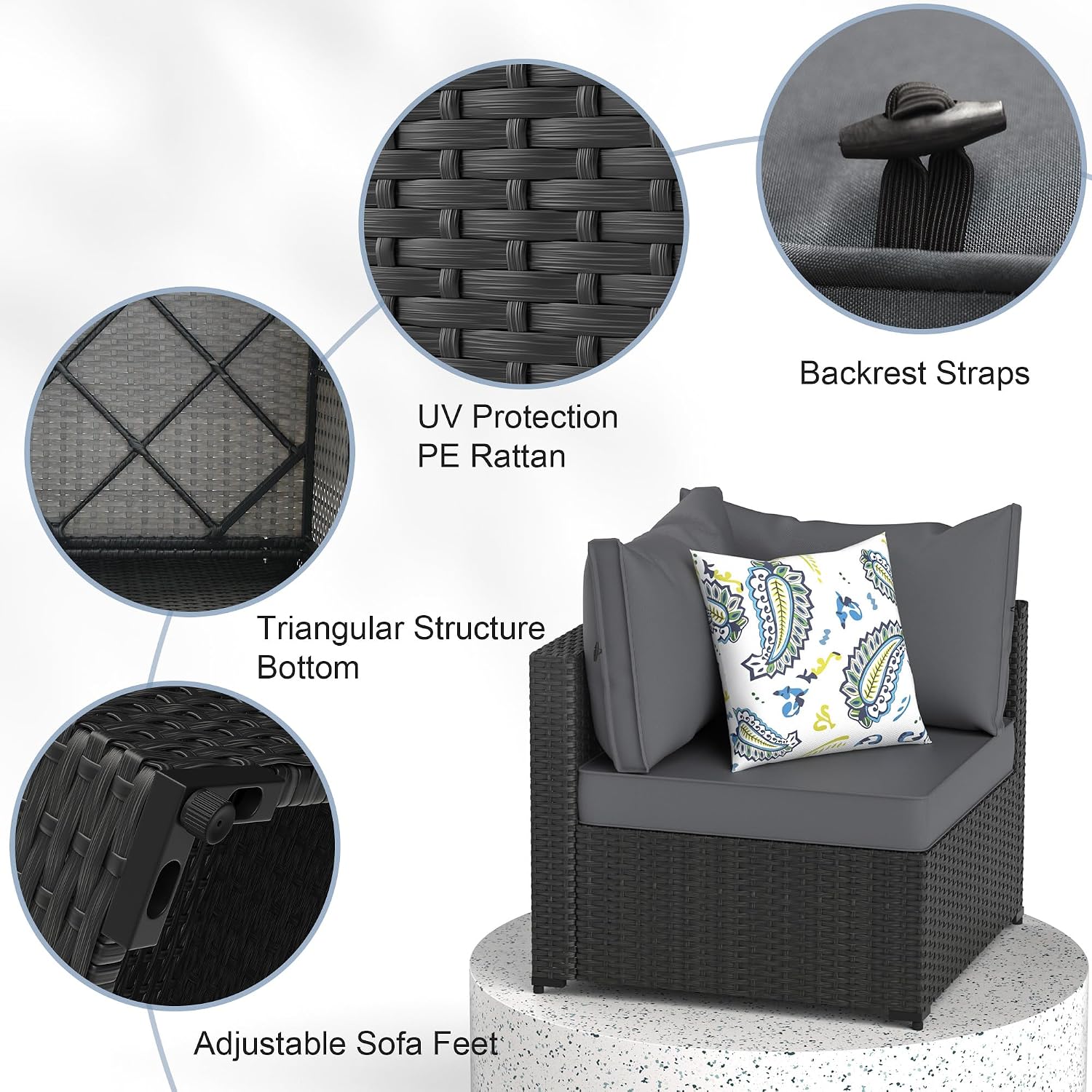 Patio Furniture Set, 5PCS Outdoor Sectional with Ottoman Wicker Rattan Patio Furniture with Thickened Cushion Modular Wicker Patio Conversation Set with Glass Top Table for Balcony, Backyard (Grey)