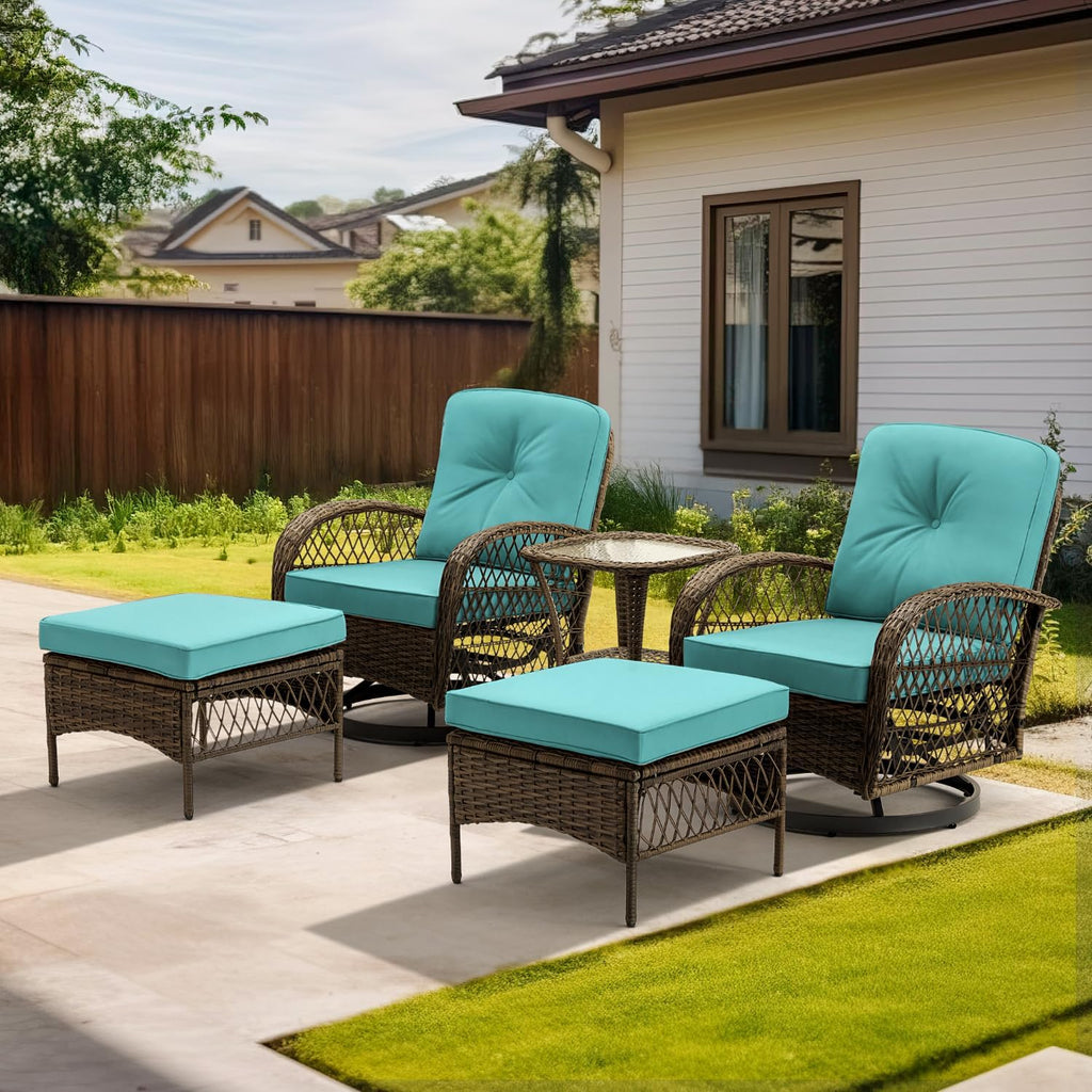 MELLCOM 5 Pieces Patio Furniture Set, Outdoor Swivel Rocker Patio Chairs with Ottomans, Wicker Conversation Set with Rocking Chairs, Glass Coffee Table for Backyard, Peacock Blue