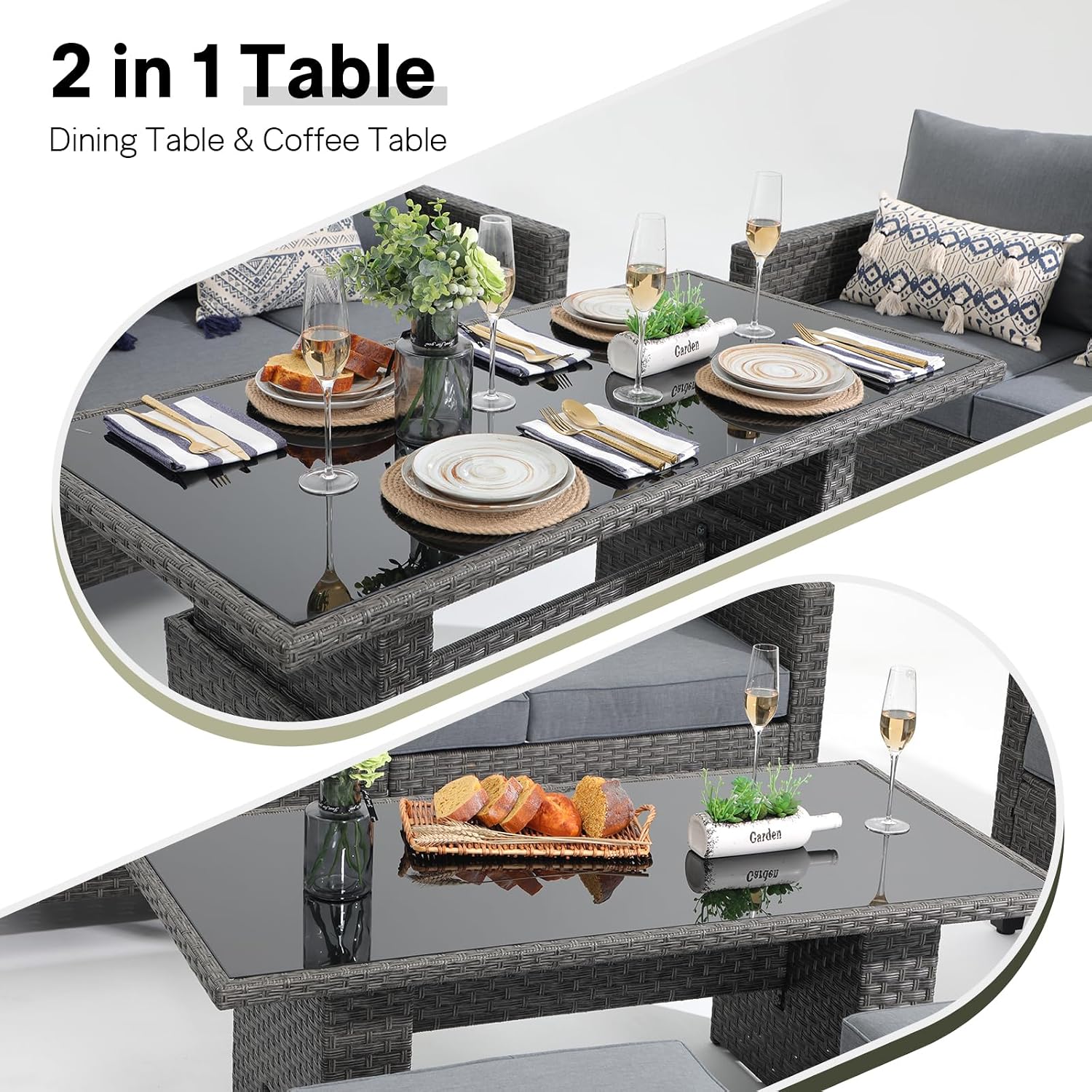 SUNSITT Outdoor Patio Furniture Set 5 Piece Wicker Conversation Set with Lift Coffee Table Sectional Dining Set 3 Seat Sofa Couch with Loveseat, Grey Wicker & Grey Cushion