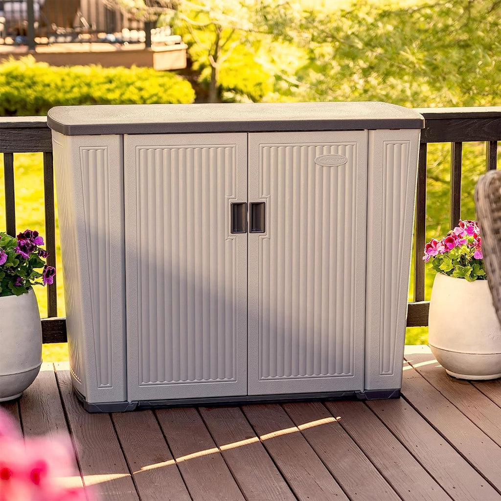 Suncast 130-Gallon Backyard Oasis Basic Unit Lockable Outdoor Storage Cabinet, Peppercorn, Made in The USA
