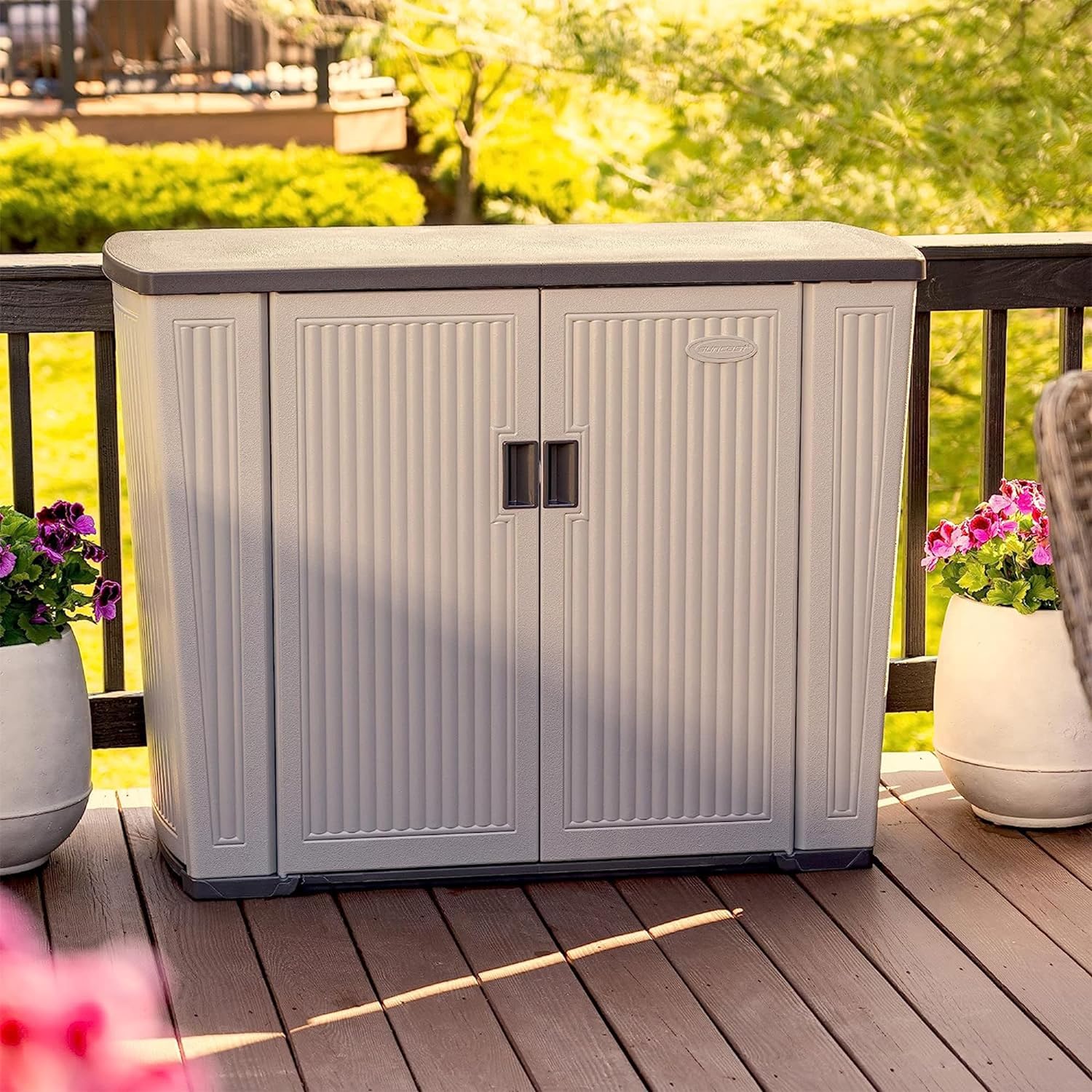 Suncast 130-Gallon Backyard Oasis Basic Unit Lockable Outdoor Storage Cabinet, Peppercorn, Made in The USA