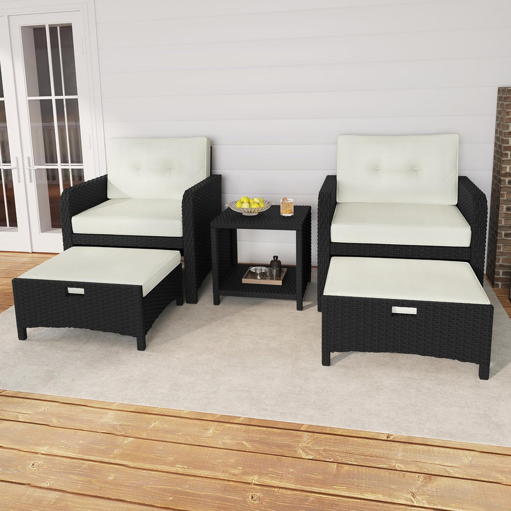 Yaheetech 5 Piece Patio Conversation Set with Ottomans, PE Wicker Balcony Furniture, Rattan Lounge Sofa with Cushions & Pillows, 2 Chairs & Side Table for Backyard, Porch, Garden, Black/Beige