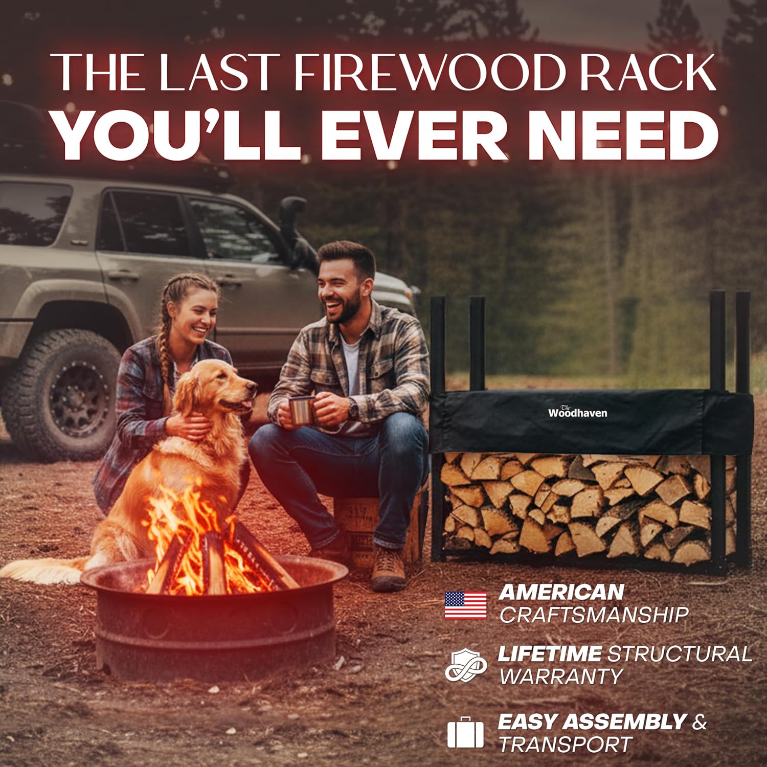 Woodhaven Black 4 Foot - Heavy Duty Made In USA - Indoor Outdoor - 1/4 Cord Firewood Storage Log Rack With Seasoning Cover Combo Set - Metal Log Storage - 48' x 48'