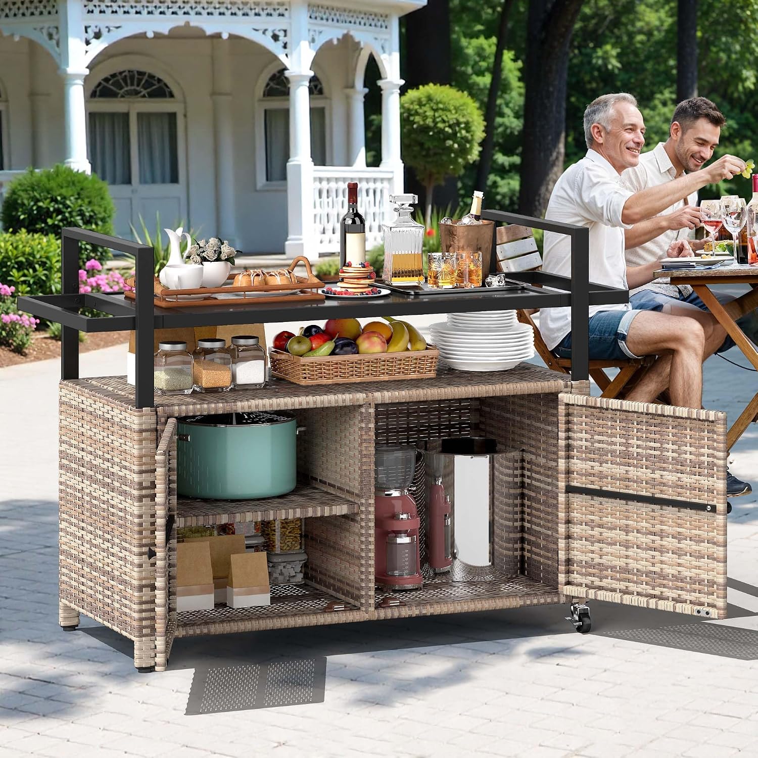 DWVO XL Outdoor Storage Cabinet,Patio Storage Table with Glass Top, Bar Table with Wheels,Outdoor Bar Cart for Patio, Poolside and Backyard,Light Brown