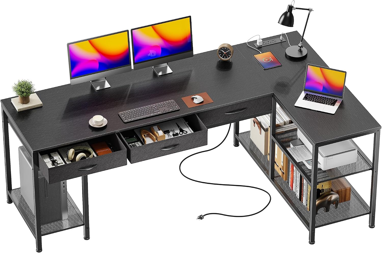 PRAISUN 63 Inch L Shaped Office Desk with Power Outlets and Type-C Port, Large Computer Gaming Desk with 3 Fabric Drawers, Mesh Shelves, Corner Study Work Writing Desk, Black