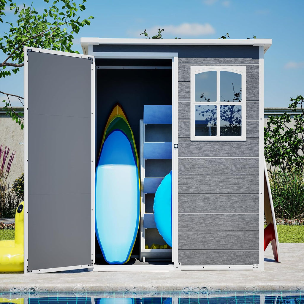 YOPTO 5x3ft Resin Outdoor Storage Shed Weather Resistant with Floor,Outdoor Resin Storage Shed W/Window,Garden Tool House W/Lockable Door,Pitched Roof & Drainage Holes,for Backyard,Patio,Lawn,Gray