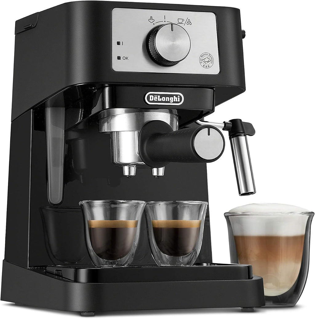 De'Longhi Manual Espresso Machine with 15 Bar Pump, Milk Frother, and 2 Thermo Espresso Glasses