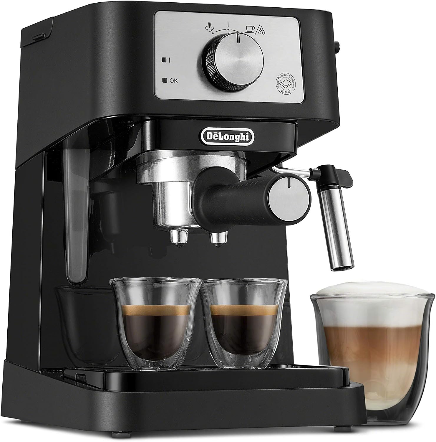De'Longhi Manual Espresso Machine with 15 Bar Pump, Milk Frother, and 2 Thermo Espresso Glasses