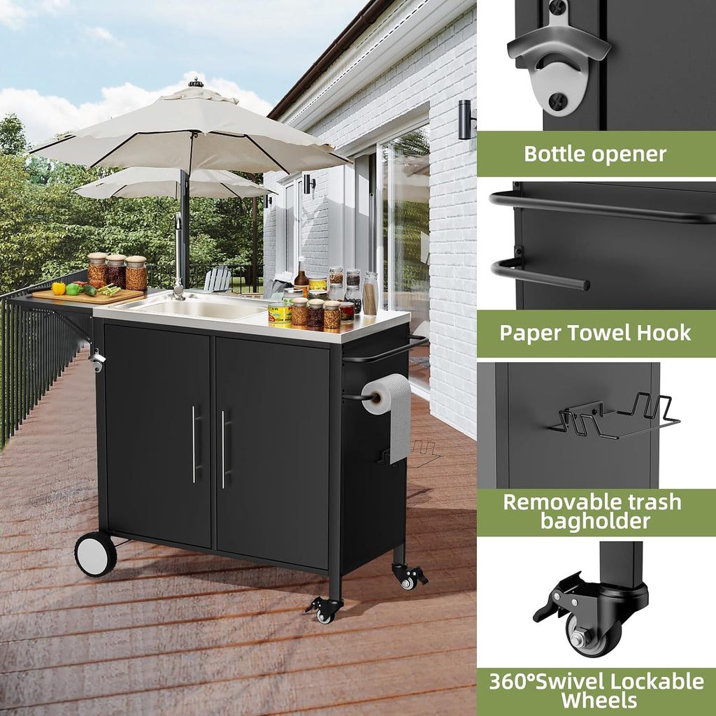 Outdoor Grill Table with Sink, Metal Worktable Kitchen Cabinet Island w/ 304 Stainless Steel Sink, Foldable Top and Storage Cabinet, Rolling Grill Cart with Wheels for Garden, Backyard and Lawn