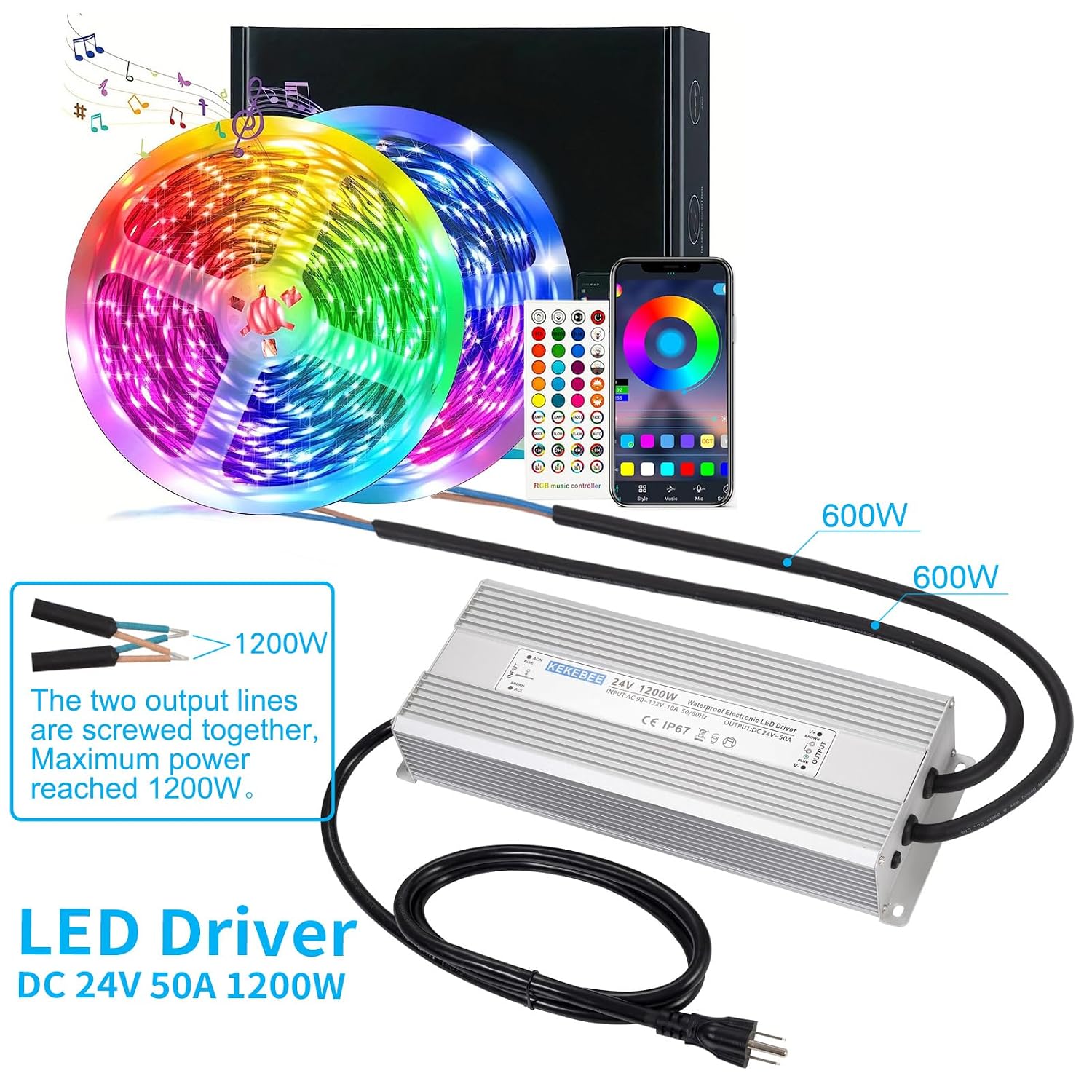 LED Driver 24V1200W Waterproof Power Supply AC90-132V to DC24V50A High Power Switching Power Supply IP67 Transformer Suitable for Indoor and Outdoor LED Lighting and Any 24V DC Equipment