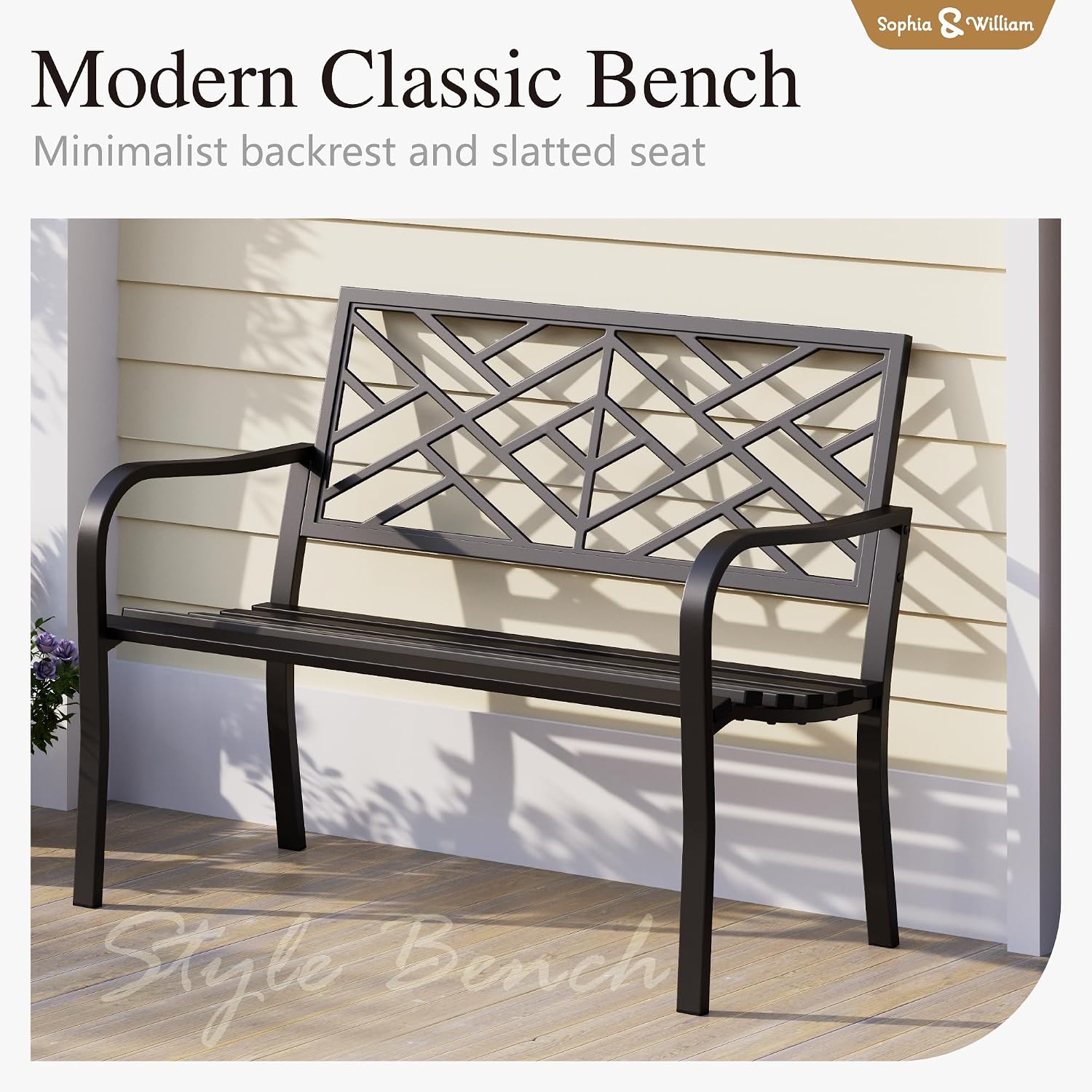 Sophia & William Outdoor Metal Bench Patio Garden Bench, Cast Iron Park Benches for Outside with Minimalist Backrest, Black