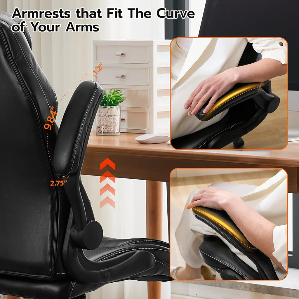 Ylzyxal Office Desk Chair, Ergonomic Computer Chair with Padded Flip-Up Arms and Adjustable Lumbar Support, PU Leather Executive Chair with Tilt Lock and 360° Swivel Rolling Wheels for Work, Study