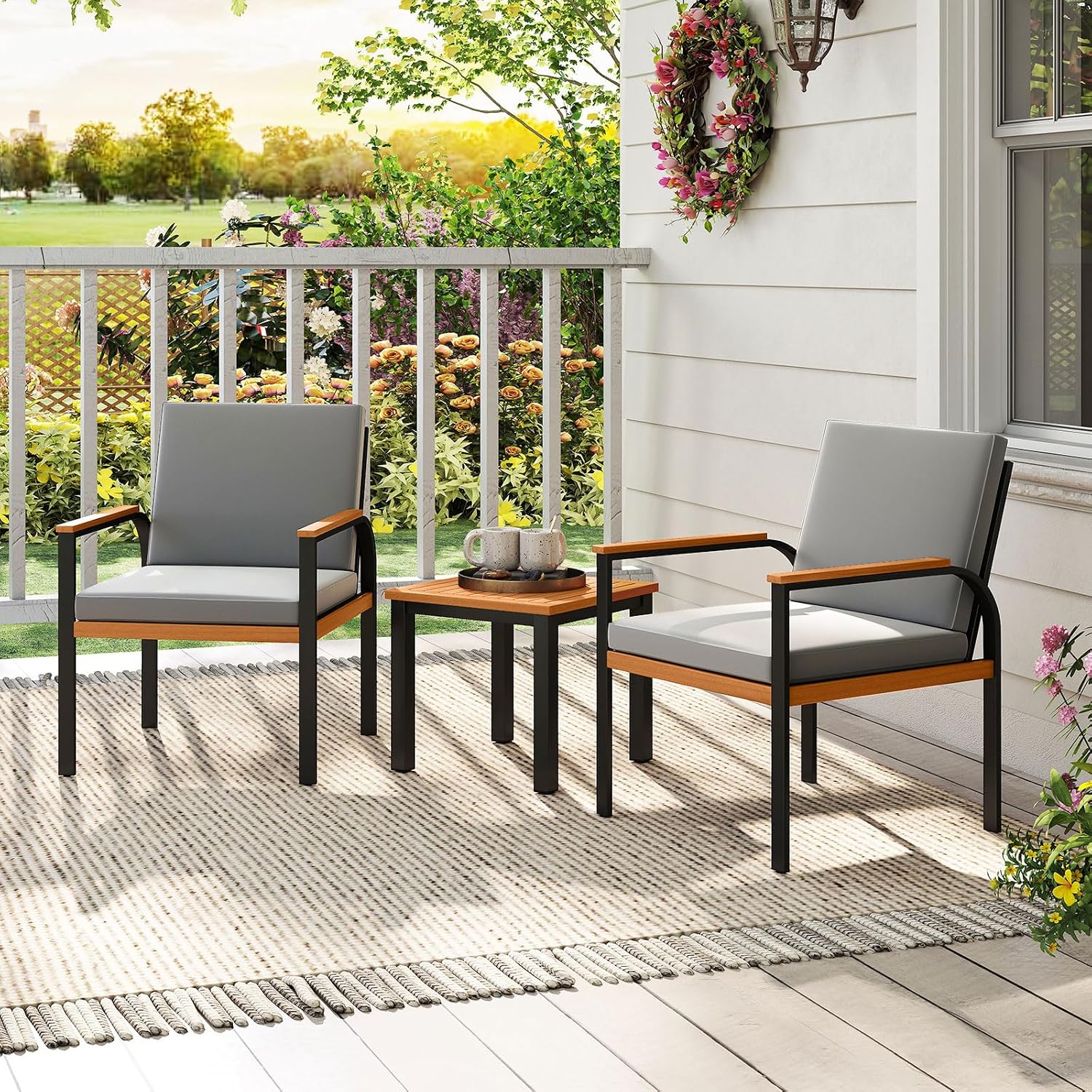 Tangkula 3 Pieces Patio Furniture Set, Outdoor Cushioned Conversation Chairs Set with Acacia Wood Side Table, for Porch, Balcony and Garden