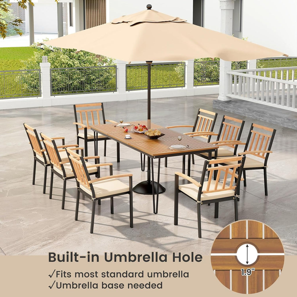 Tangkula 9 Piece Patio Dining Set, Outdoor Dining Furniture Set w/Rectangular Acacia Wood Dining Table & 8 Cushioned Chairs, Metal Frame Dining Set w/Umbrella Hole for Yard, Porch, Garden, Deck